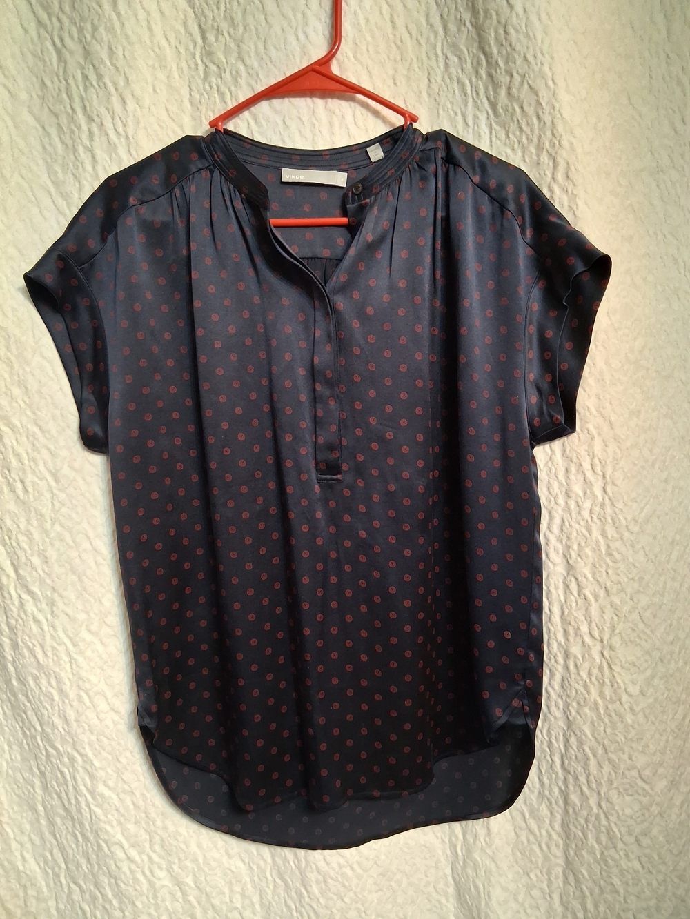 Vince Navy Blouse with Red Dot Motif, 100% Silk